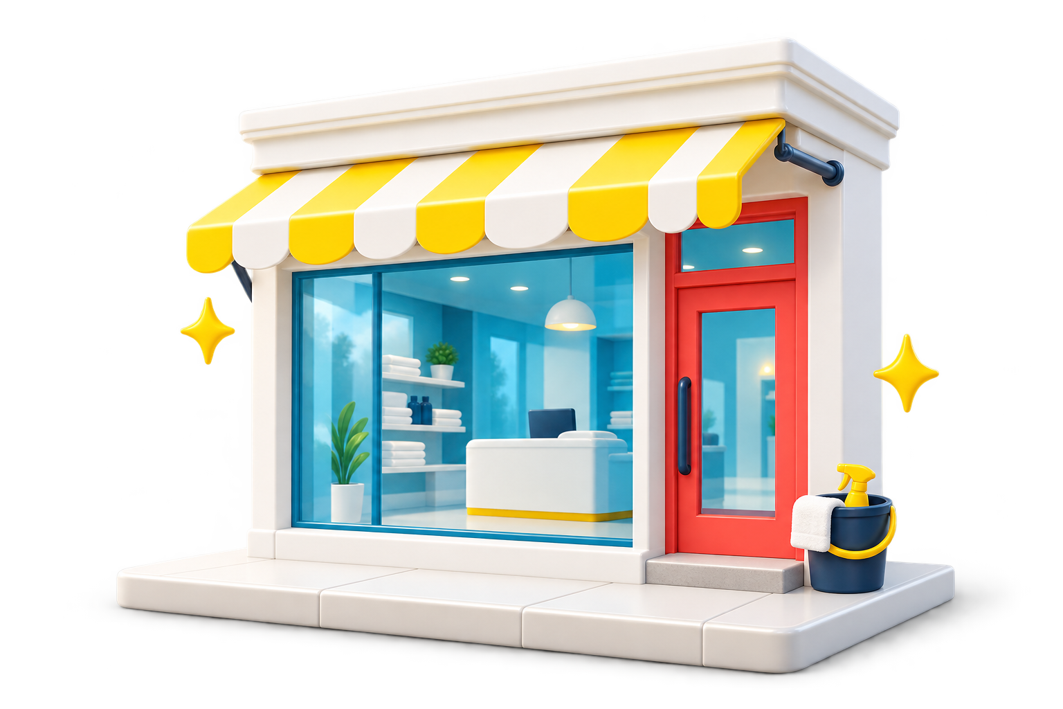 Illustration d’un commerce à la vitrine éclatante, avec un auvent jaune et une porte rouge